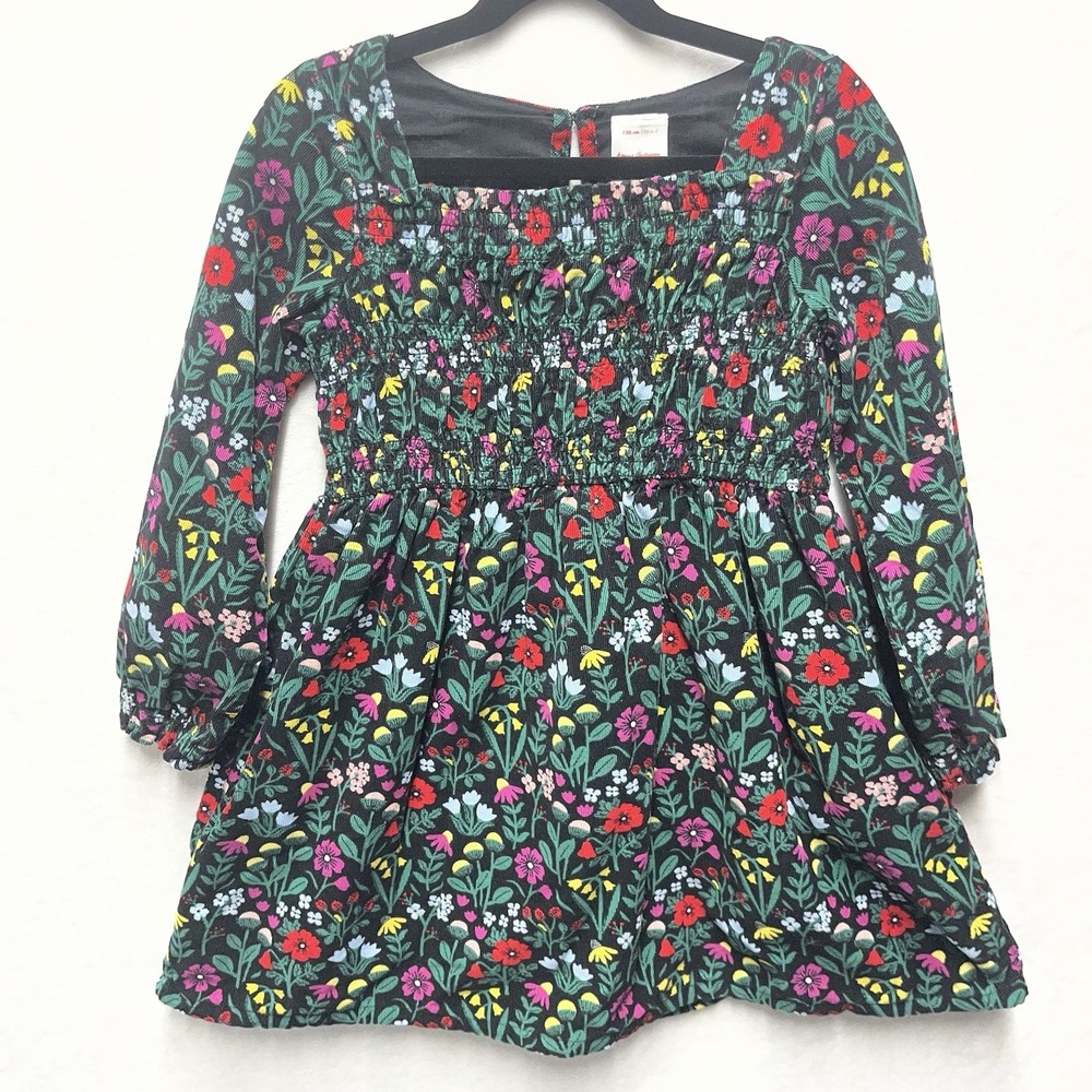 Hanna Andersson Long Sleeve Corduroy Smocked Dress Girls 6-7 Floral Winter